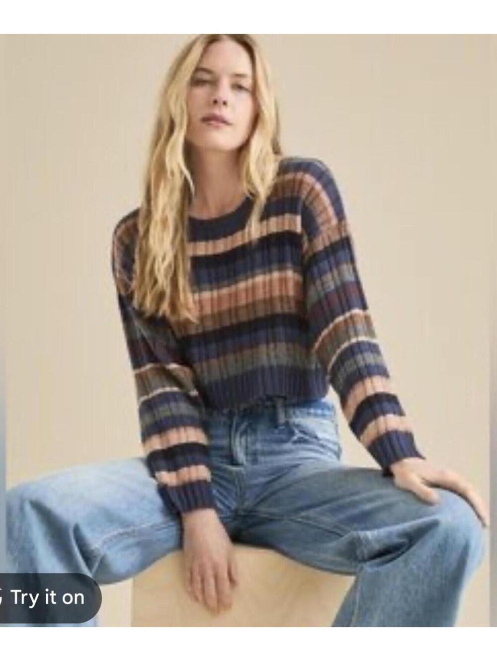 Le Lis Striped Cropped Knit Sweater Blue Beige Size S
